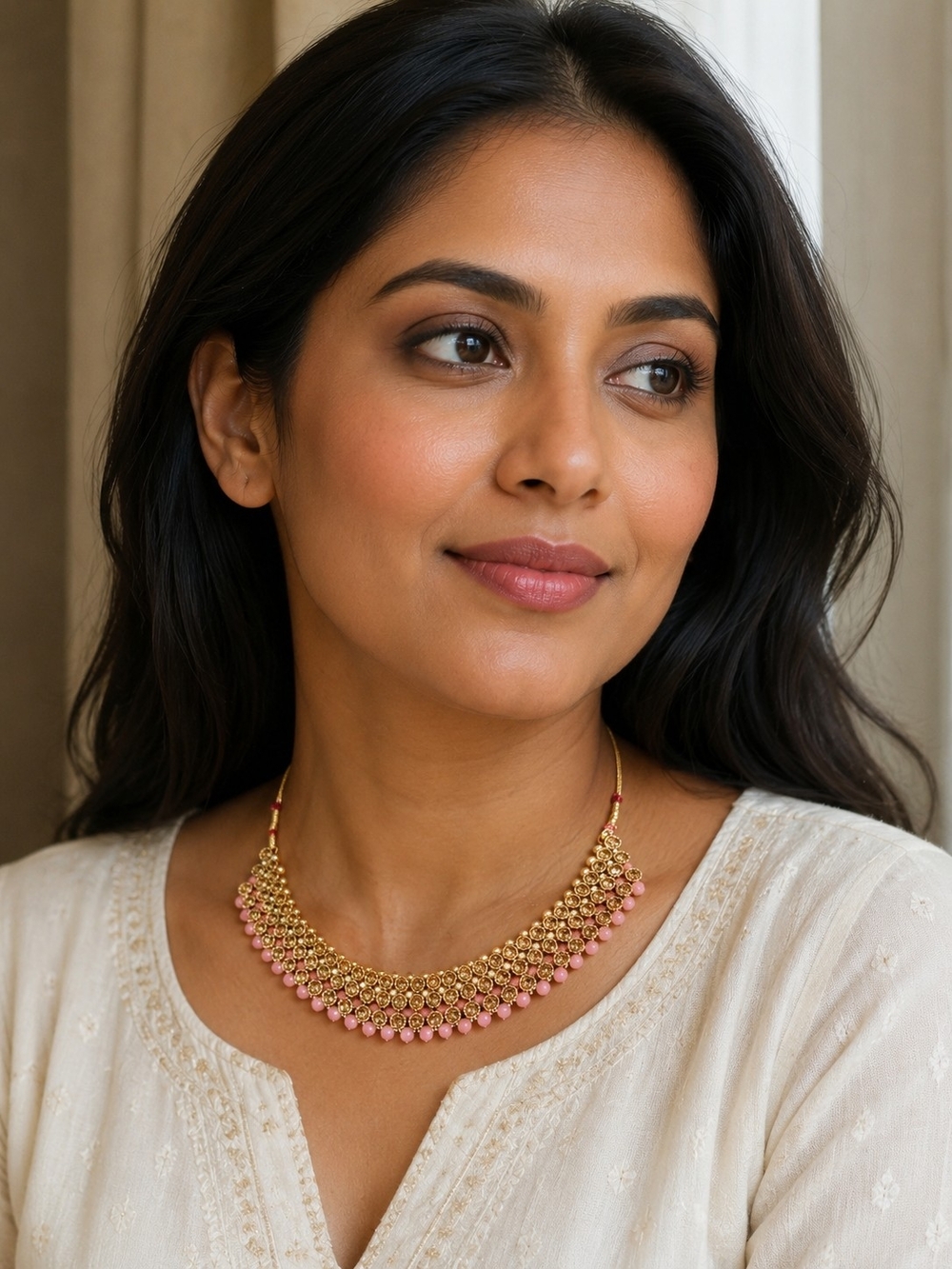 Gold and Pink Beaded Traditional Necklace